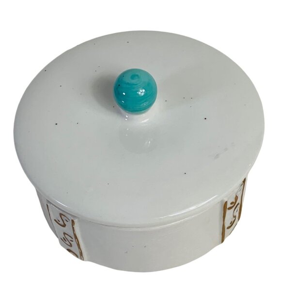 Iridescent Trinket Box Vanity Power Dish Lid Speckled Turquoise Knob Ceramic VTG - Picture 4 of 13
